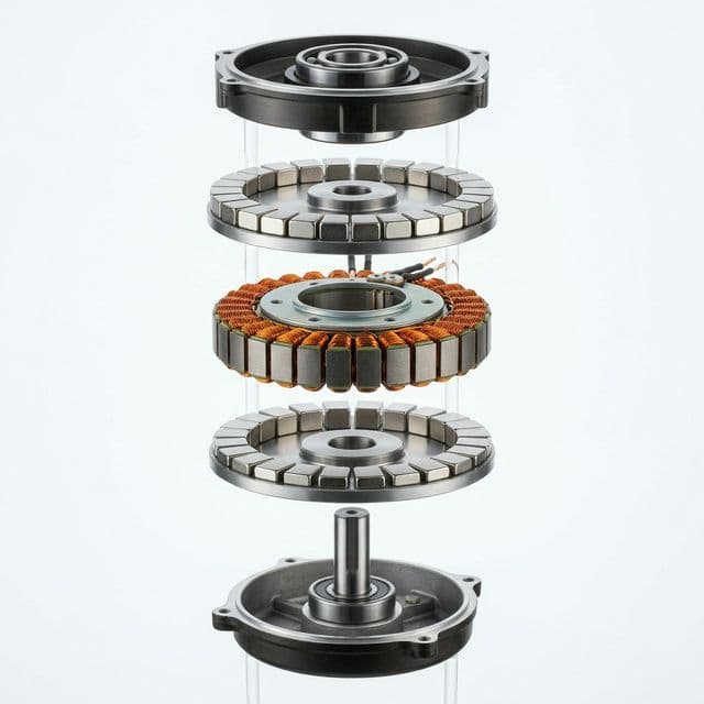 Axial flux motor exploded view with magnet assemblies